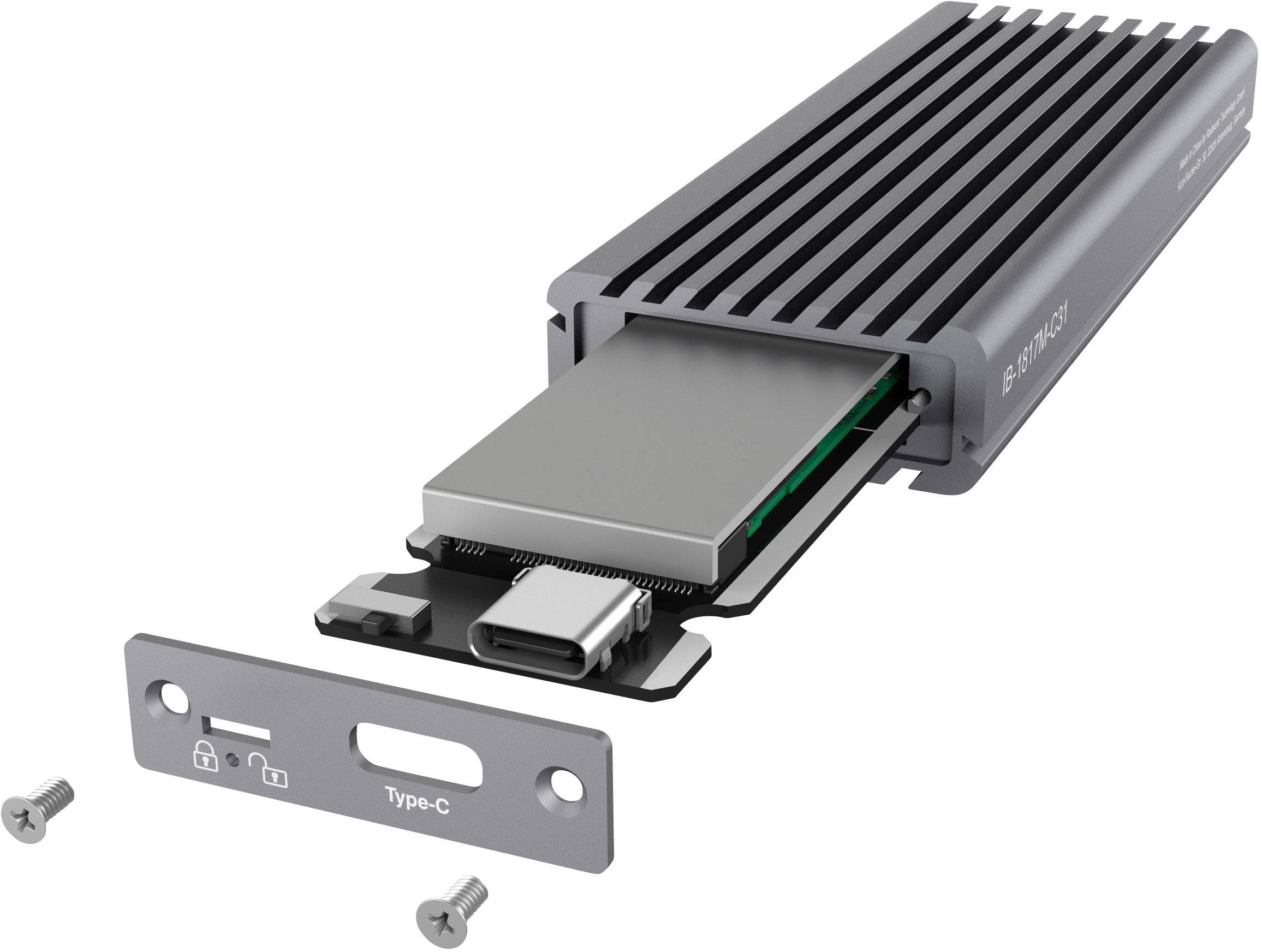 Externe SSD-behuizing adapter met uitstekende sleuf voor een NVMe-SSD; Type-C-aansluiting en twee schroeven voor bevestiging.