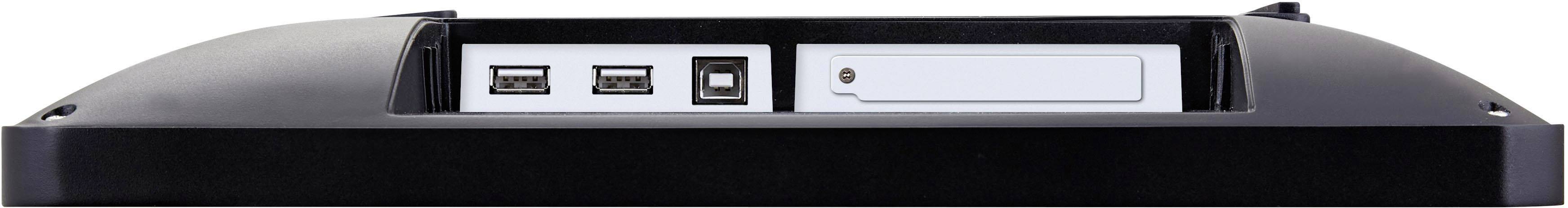 Achterkant van een apparaat met twee USB-poorten, een rechthoekige aansluiting en een SD-kaartgleuf, bovenaanzicht.