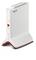 Een witte WiFi-repeater met een rode basis en het 'FRITZ!' logo linksboven. Hij toont LED-indicatoren voor verbindingsstatus en WiFi-activiteit.