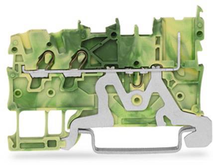 Een groene en gele elektrotechnische aansluitblok, gebruikt voor het verbinden van elektrische leidingen, in close-up.