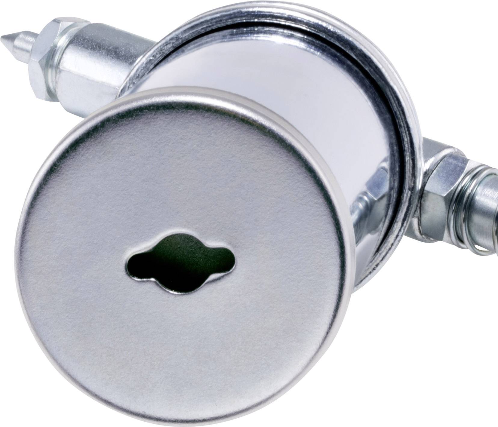 Een glanzend metalen onderdeel met een ronde afdekking en een druppelvormig gat. Het lijkt mechanisch of functioneel te zijn.