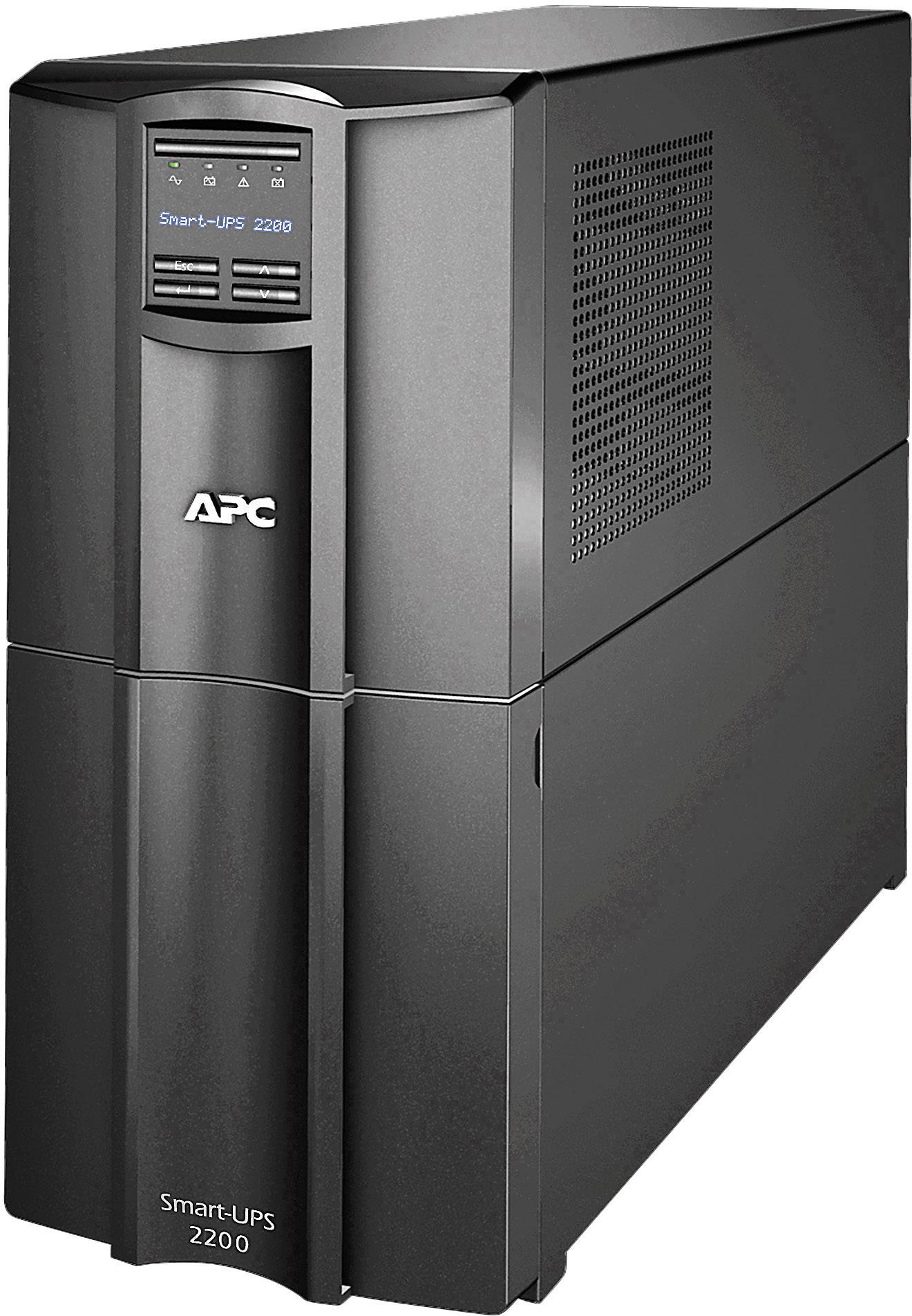 Zwart-grijs APC Smart-UPS 2200-apparaat. Dient ter stroomvoorziening bij spanningsuitval, ideaal voor serverruimtes en IT-systemen.