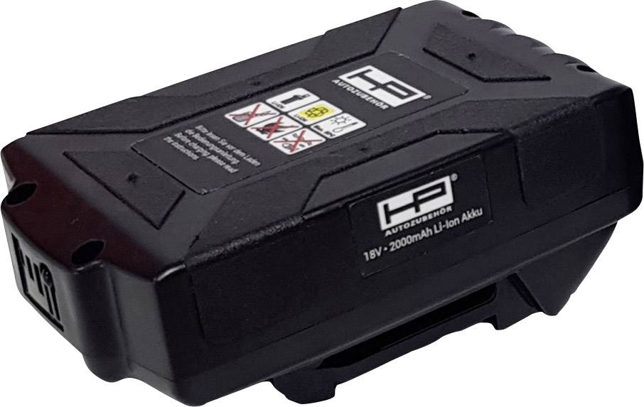Een zwarte accu met de opdruk 'Lithium-ion', '18V - 2000mAh'. Hij is ontworpen voor elektrisch gereedschap.