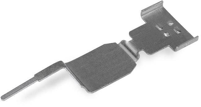 Een metalen veercontact, plat en rechthoekig, met gebogen randen. Het wordt gebruikt voor elektrische verbinding in elektronische apparaten.