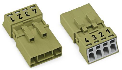 Twee elektrische stekkerverbindingen in lichtbruin met de nummers 1 tot 4. De linker toont de achteraanzicht, de rechter het vooraanzicht.