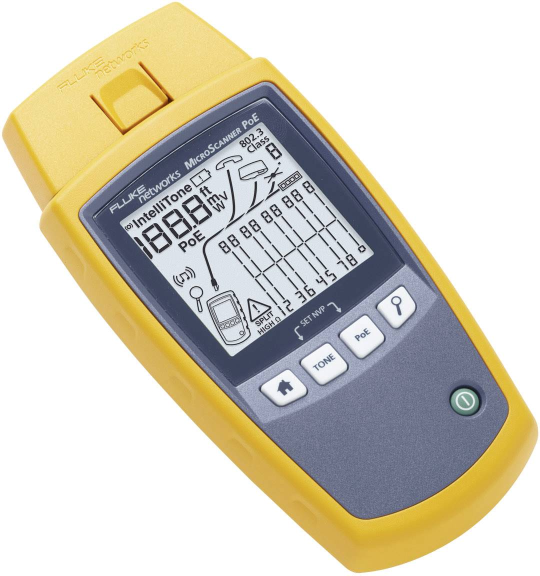 Een handapparaat met display toont netwerkgegevens zoals 'PoE' en '100 Mb/s'. Het wordt gebruikt voor het diagnosticeren van netwerkverbindingen.