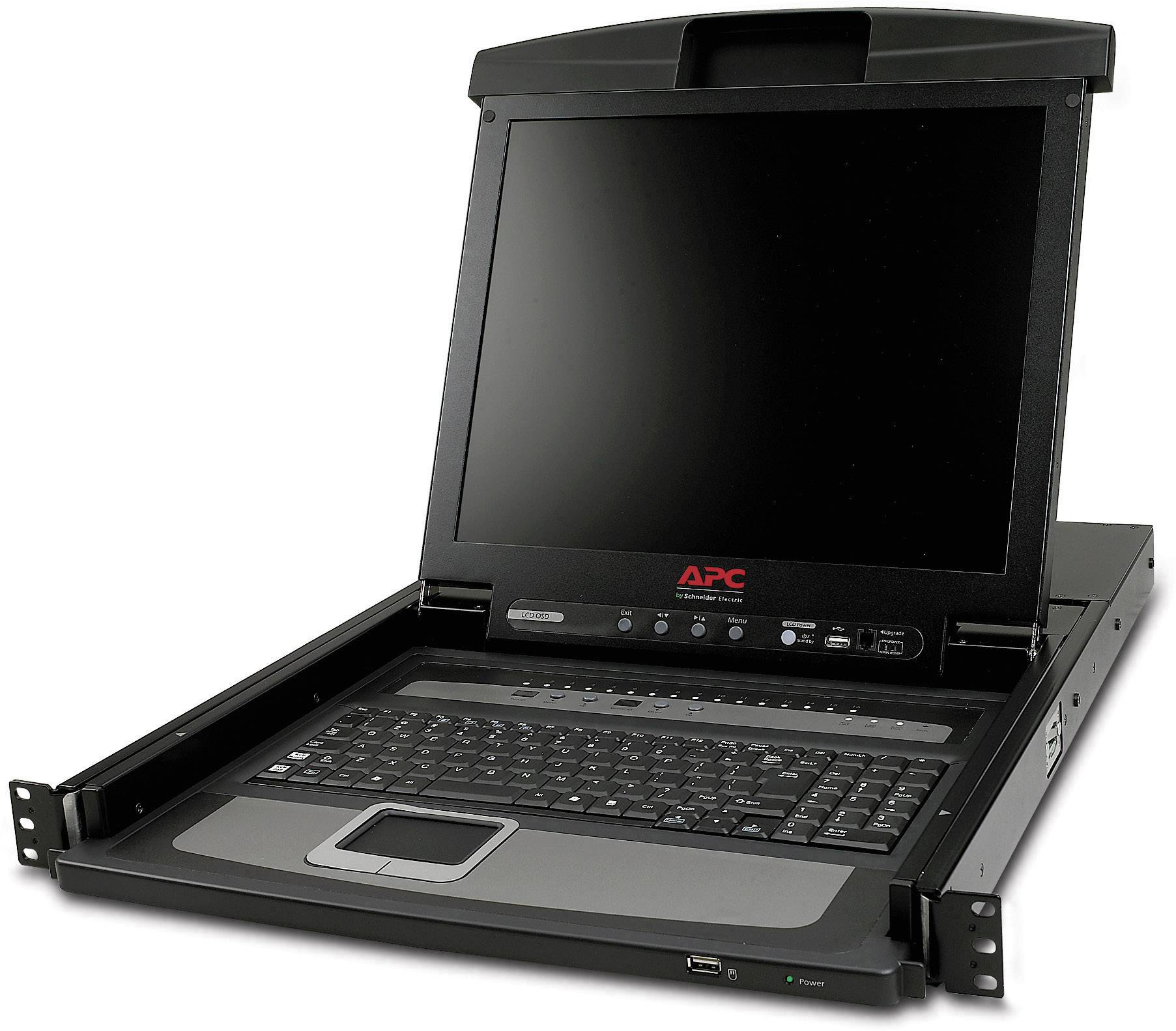 Een inklapbare APC-rack-monitor met geïntegreerd toetsenbord, geschikt voor serverruimtes. Het scherm is uitgeklapt en gereed voor gebruik.