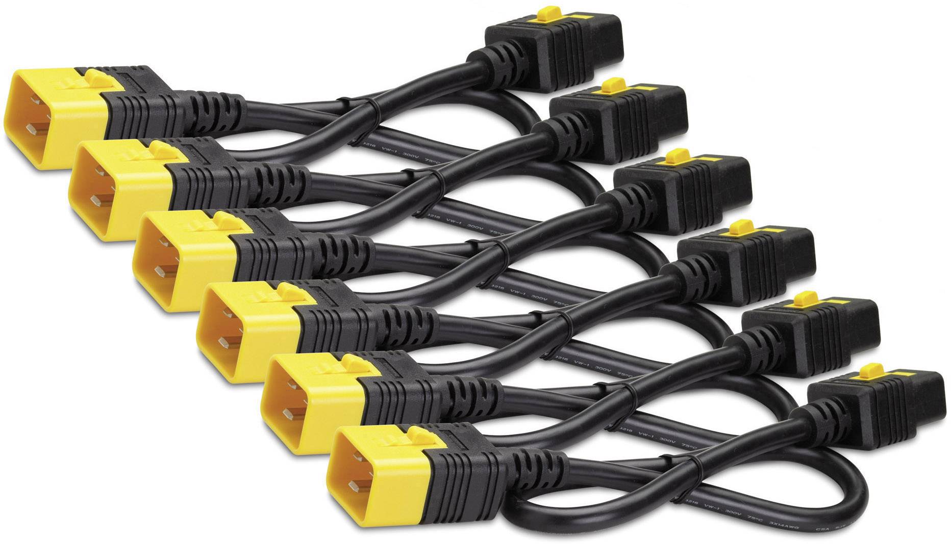 'Acht zwarte netwerkkabels met gele connectoren, gelijkmatig gerangschikt in een schuine rij.'