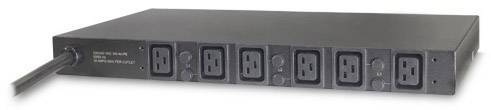 Stroomverdeelunit met meerdere stopcontacten voor serverracks, rechthoekig, zwart, met netkabel links voor stroomvoorziening.