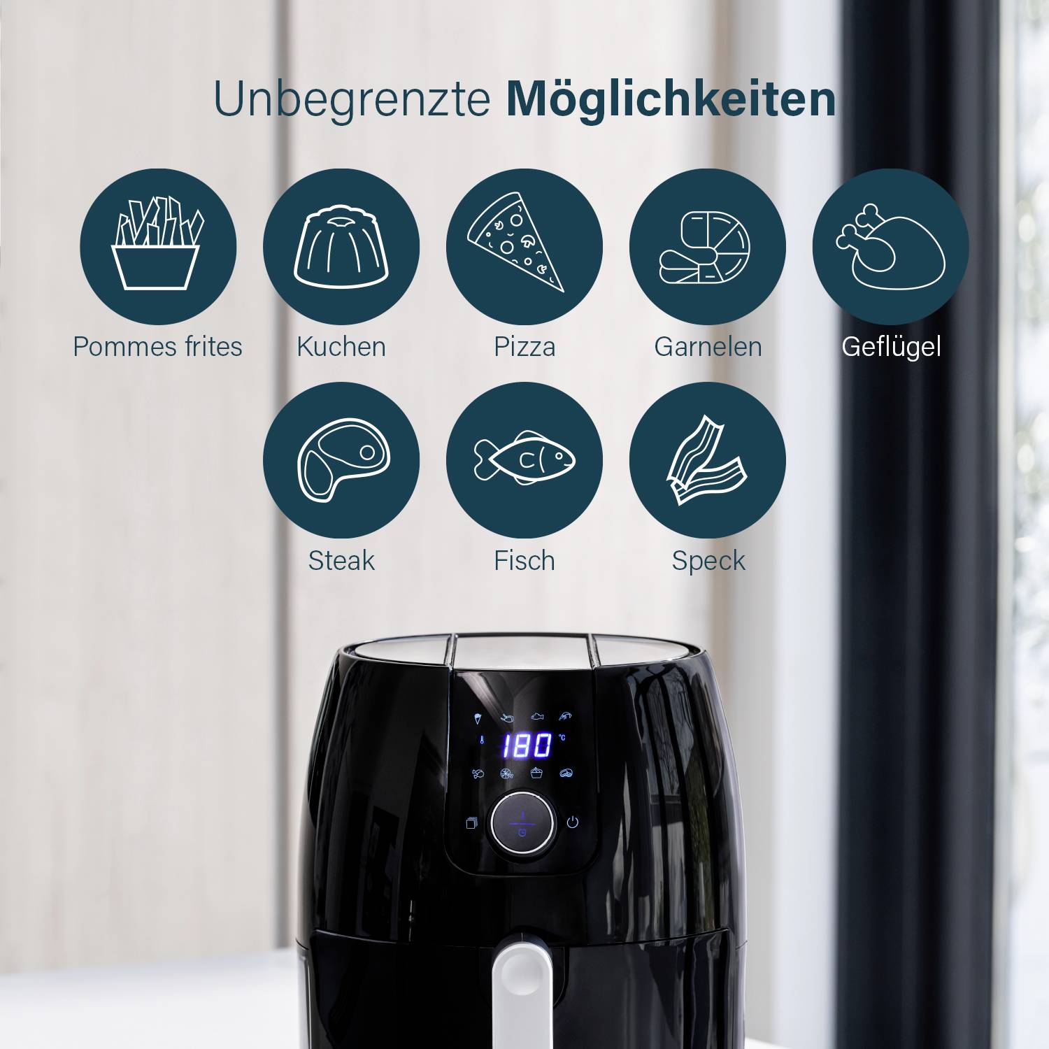 Een heteluchtfriteuse op een aanrecht, omgeven door pictogrammen met teksten: 'Friet', 'Cake', 'Pizza', 'Garnalen', 'Steak', 'Vis', 'Spek', 'Gevogelte'.