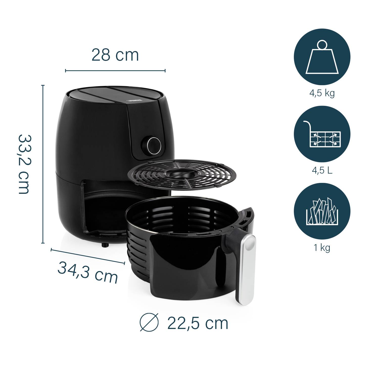 'Airfryer met afmetingen: 34,3 cm x 28 cm x 33,2 cm. Inhoud 4,5 L, gewicht 4,5 kg. Verwijderbare mand Ø 22,5 cm, 1 kg.'