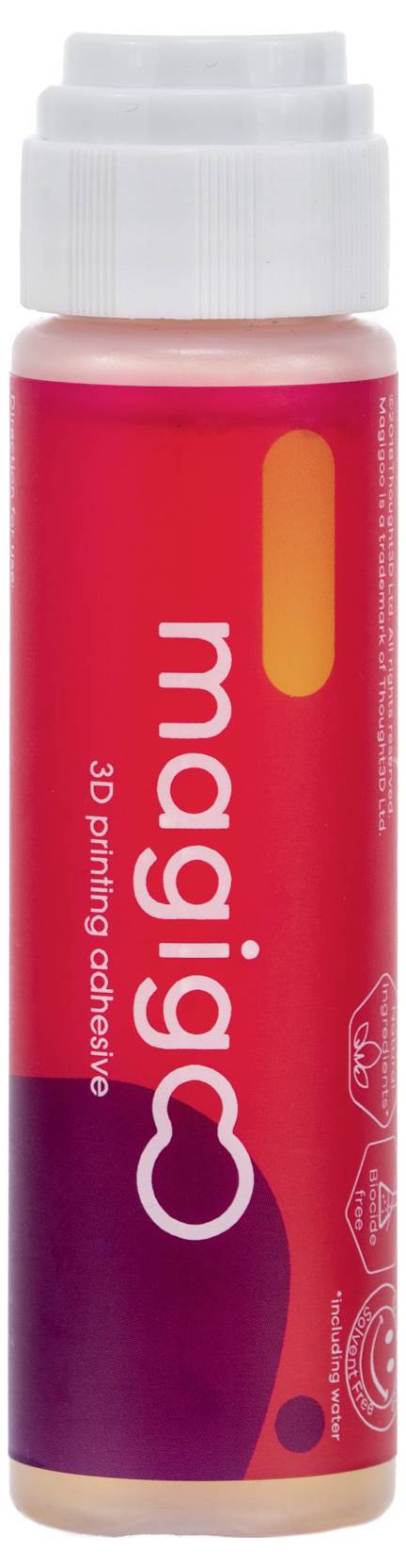 Rode fles met witte dop, opschrift 'magigoo 3D printing adhesive'. Product voor 3D-print optimalisatie.