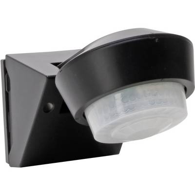 Zwarte bewegingsmelder met verstelbare ronde sensor, gemonteerd op een vierkante wandsteun.