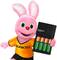 Een konijn met roze vacht en een groene gelaatsuitdrukking houdt een Duracell-batterijverpakking vast.