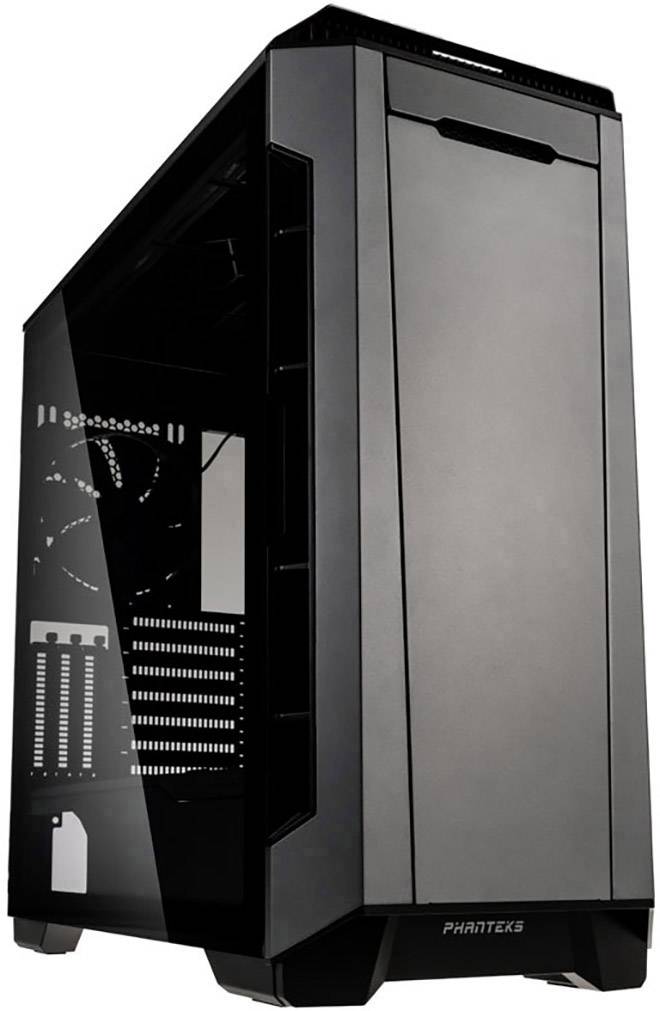 Zwart computerbehuizing met glazen venster, toont interne compartimenten en ventilatorposities, geschikt voor krachtige PC-builds.