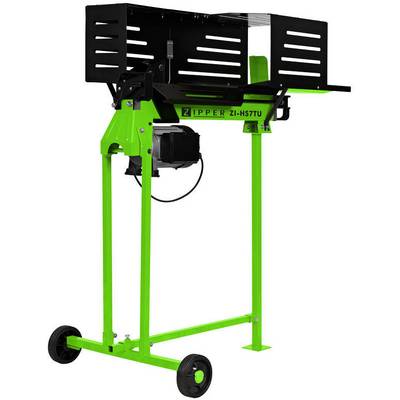 'Lichtgroene houtkloofmachine met zwarte behuizing en wielen onderaan. Bovenste deel is ontworpen voor houtopname.'