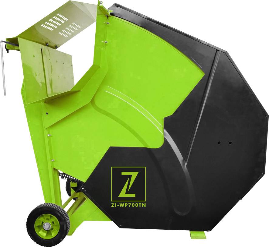 Groene en zwarte houten cirkelzaag met twee wielen en bedieningseenheid. Modelnummer 'ZI-WP700TN' zichtbaar aan de zijkant.
