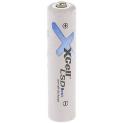 'Heldere AA-batterij met blauw X-Cell-logo en LSD-opschrift. Geschikt voor apparaten met laag energieverbruik.'