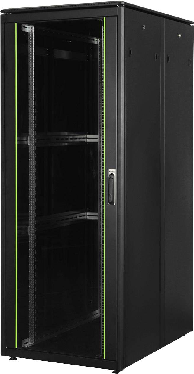 Een zwarte serverrack met glazen deur, groene rand en meerdere open legplanken voor het opslaan van IT-apparatuur.