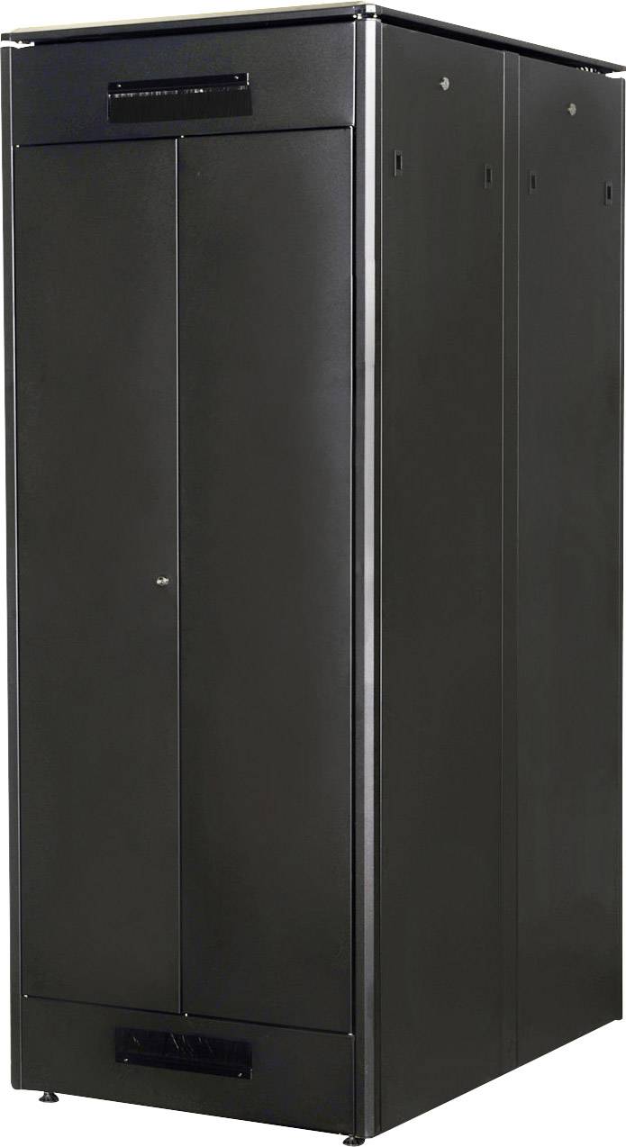 Een zwarte server-rack kast in rechthoekige vorm, met een gesloten voordeur en zichtbare ventilatieopeningen aan de onderkant.