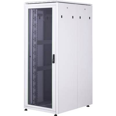 Witte serverrack-kast met glazen deur, metalen frame en zwarte handgrepen, rechtop staand, geschikt voor IT-apparatuur in datacenters.