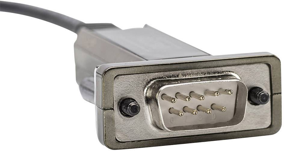 Close-up van een 9-pins D-Sub-connector met kabel, vaak gebruikt voor seriële verbindingen in computers of elektronische apparaten.