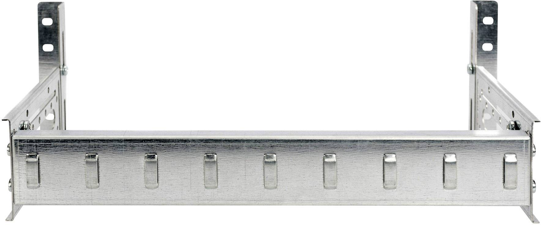 Een metalen framewerk voor wandmontage, geschikt voor het ophangen of bevestigen van apparaten, met bevestigingsgaten aan de zijkanten.