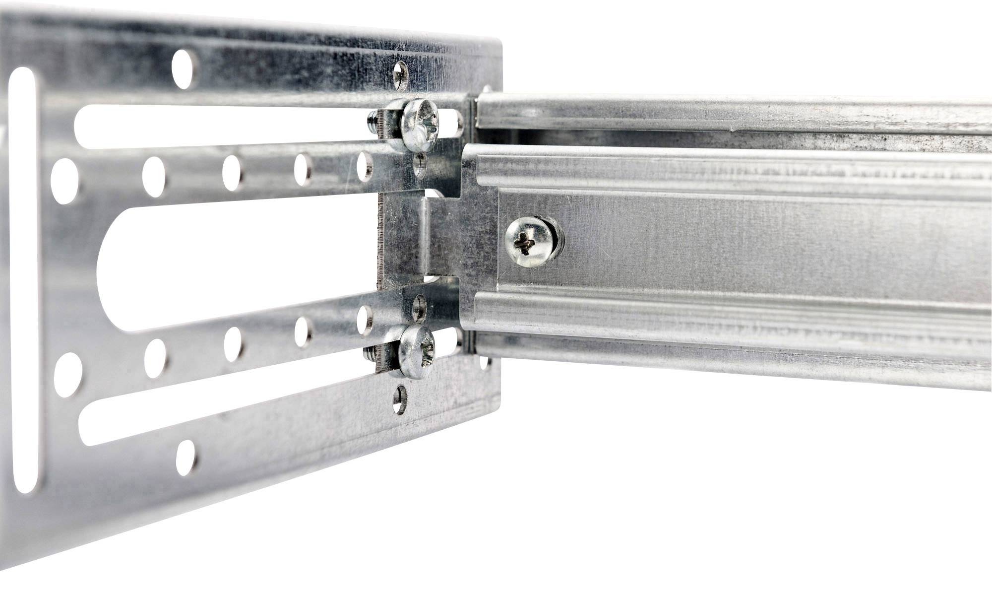Metalen beugel met rails en schroeven; gebruikt voor montage of bevestiging van voorwerpen aan een oppervlak.
