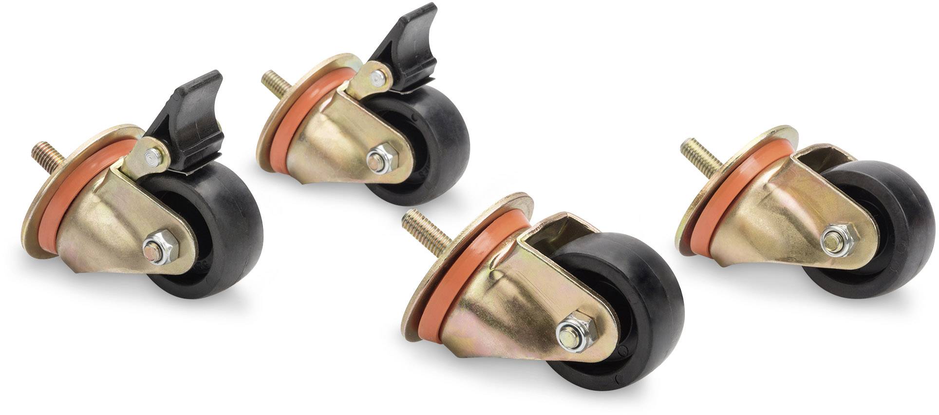 Vier zwarte wielen van metaal en kunststof, twee met remmen, twee zonder. Geschikt voor meubelverplaatsing.