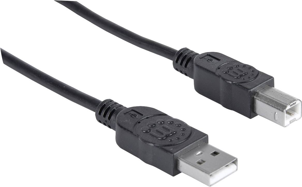 Een zwart USB-kabel met een Type-A-stekker aan de ene kant en een Type-B-stekker aan de andere kant, voor het verbinden van apparaten.