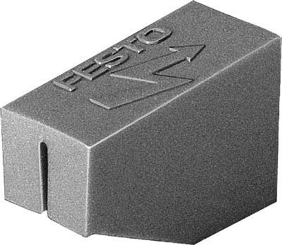 Een grijze kunststofblok met het opschrift 'Festo' en een pijl. De blok heeft een rechthoekige vorm met een inkeping.