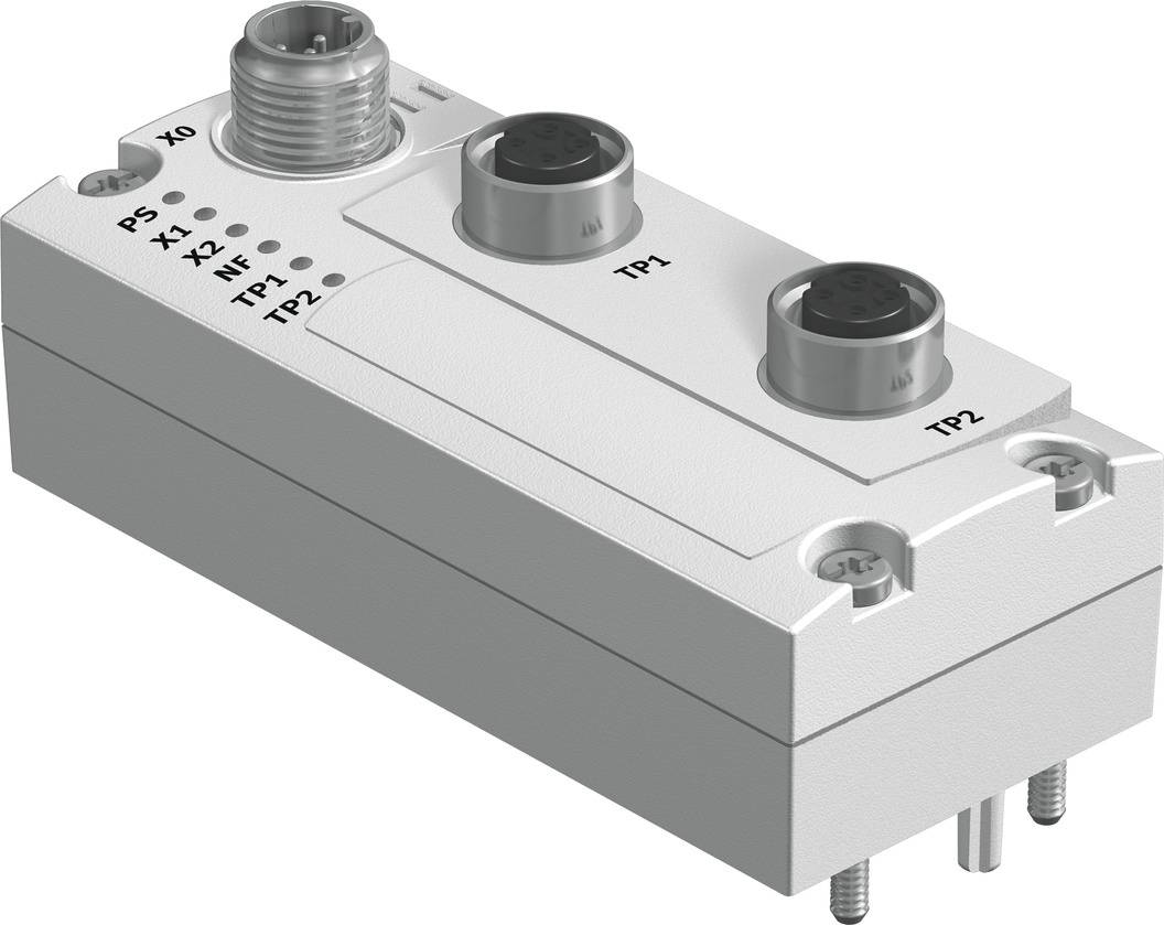 Een rechthoekig elektrisch module met meerdere aansluitingen en opschriften: 'P5', 'X0', 'X1', 'X2', 'MF', 'TP1', 'TP2'.