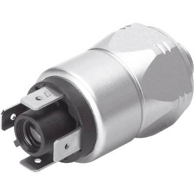 Een zilveren adapterstekker met een rond behuizing en twee platte metalen contacten. Wordt vaak gebruikt voor elektronische verbindingen.