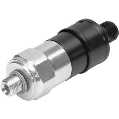 Zilveren en zwarte druksensor, cilindrisch, met schroefdraadaansluiting. Voornamelijk gebruikt in hydraulische systemen.