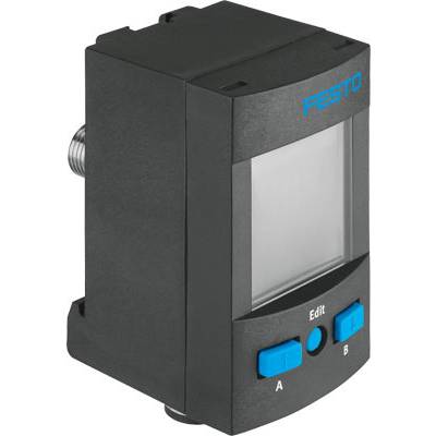 Zwart-grijs elektronisch apparaat met display en blauwe bedieningsknoppen, gemarkeerd met 'Edit'. Rechtsboven blauwe tekst 'FESTO'.