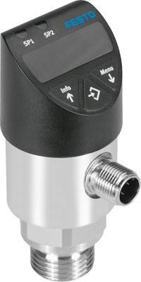 Druksensor met digitaal display en twee functietoetsen. Het display toont 'Festo' en biedt opties voor Info en Menu.