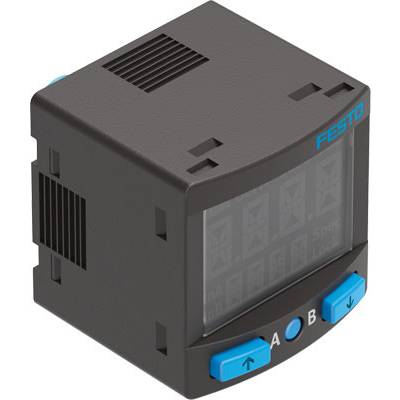 Elektronisch apparaat met display en blauwe toetsen, geometrisch ontwerp. Apparaat voor het beheren of weergeven van processen.