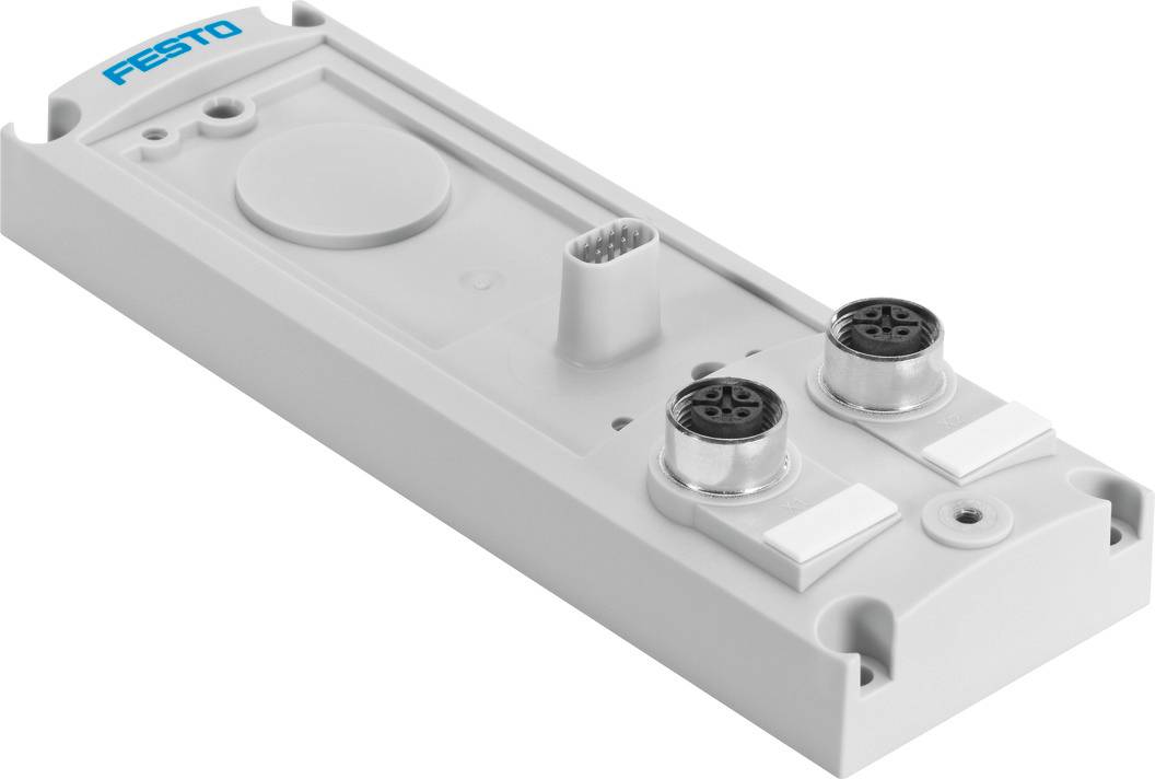 Grijs elektronisch module met aansluitingen en 'Festo'-logo, geschikt voor industriële toepassingen. Belangrijkste kenmerk: aansluitingsmogelijkheden.