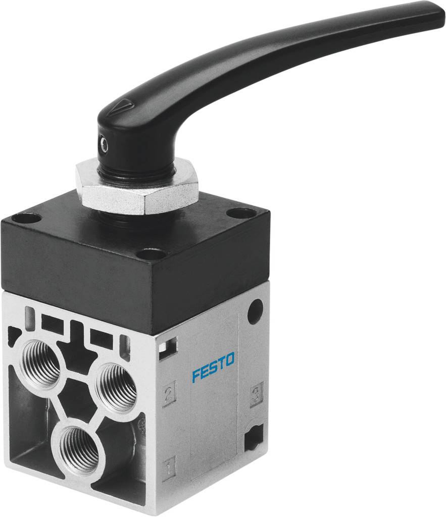 Een zwarte hefschuifklep met meerdere aansluitingen, waarbij op de behuizing 'Festo' staat. Geschikt voor het besturen van perslucht- of vloeistofinstallaties.