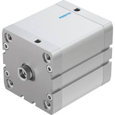Zilveren pneumatische cilinder met meerdere schroefgaten en 'Festo'-logo, geschikt voor machinale toepassingen.