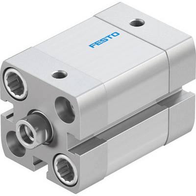 Cilinder van Festo, waarschijnlijk een pneumatische of hydraulische actuator. Compact, rechthoekige vorm met meerdere aansluitingen.