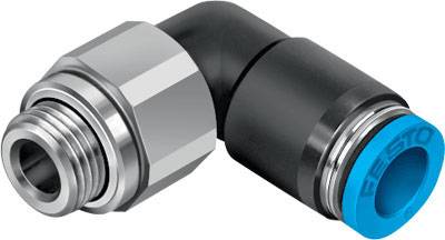 Een pneumatische hoekverbinding met metalen en kunststof onderdelen, gebruikt voor het verbinden van slangen in een persluchtsysteem.