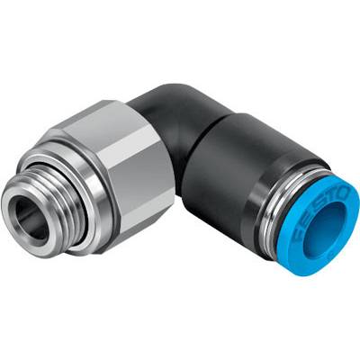 Een pneumatische hoekverbinding met metalen en kunststof onderdelen, gebruikt voor het verbinden van slangen in een persluchtsysteem.