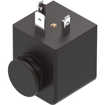 Een zwart elektronisch onderdeel met een ronde knop aan de voorkant en twee metalen contactpunten bovenaan.
