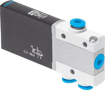 Elektromagnetisch Festo-ventiel; rechthoekig, zwart-wit, met blauwe accenten; toont grafische symbolen en drukgegevens.