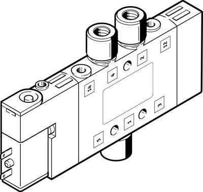 Pneumatische klep met drie aansluitingen en een rechthoekige behuizing. Geschikt voor gebruik in geautomatiseerde systemen.