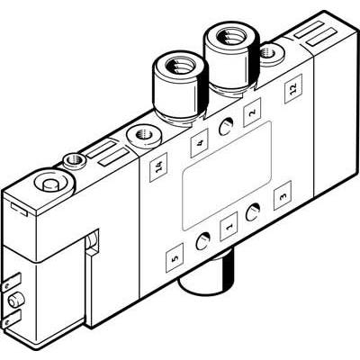 Pneumatische klep met drie aansluitingen en een rechthoekige behuizing. Geschikt voor gebruik in geautomatiseerde systemen.