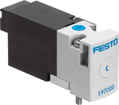 Een elektromagnetisch ventiel van Festo, modelnummer 197000, met een blauwe stip aan de voorkant, gemaakt van kunststof en metaal.