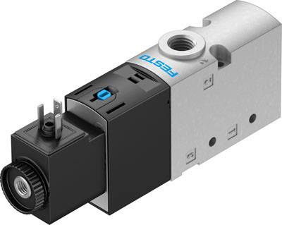 Elektromagnetisch aangedreven ventiel met steekverbindingen, cilindrische constructievorm, voornamelijk gebruikt in pneumatische systemen.