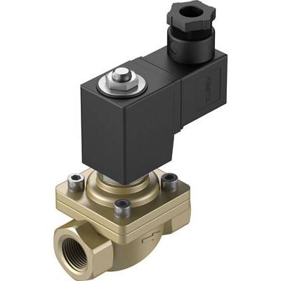 Messing solenoïdeventiel met zwart actuatormodule, zijdelings gemonteerd. Gebruikt in hydraulische of pneumatische systemen voor het regelen van de vloeistofstroom.